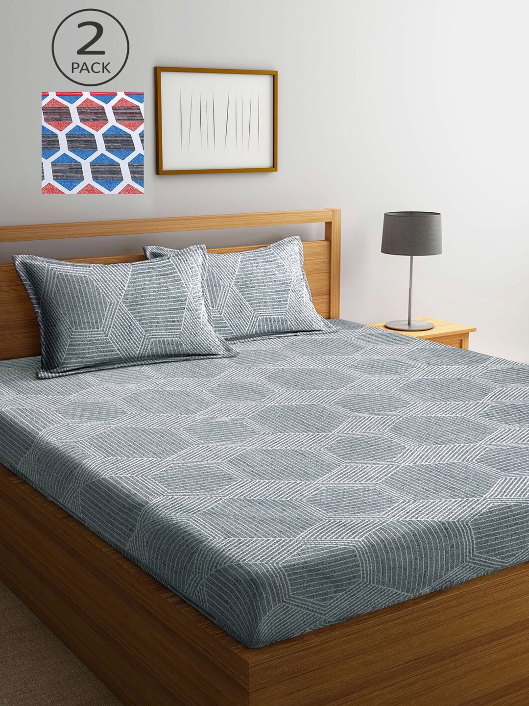 

KLOTTHE Grey & Blue Printed 210 TC 2 King Bedsheet with 4 Pillow Covers