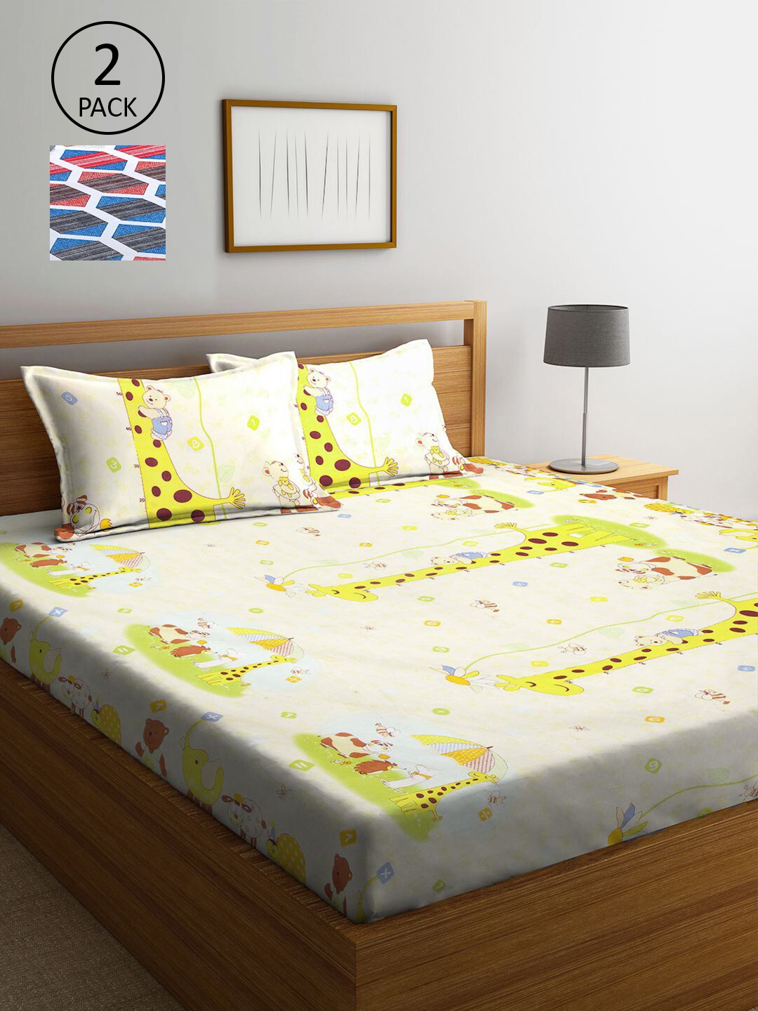 

KLOTTHE Yellow & Blue Cartoon Characters 210 TC 2 King Bedsheet with 4 Pillow Covers