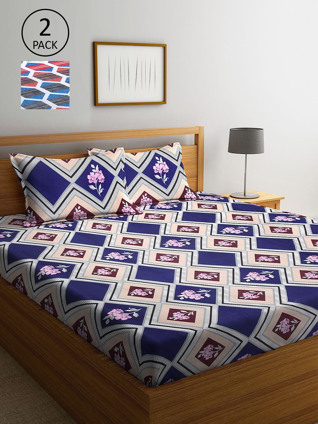 

KLOTTHE Blue & Brown Geometric 210 TC 2 King Bedsheet with 4 Pillow Covers