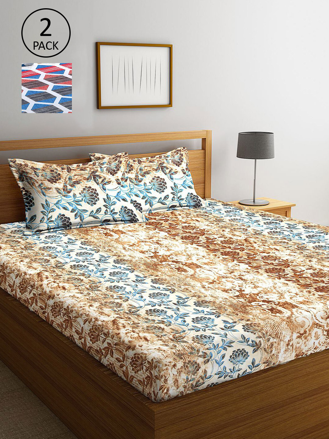 

KLOTTHE Blue & Brown Geometric 210 TC 2 King Bedsheet with 4 Pillow Covers