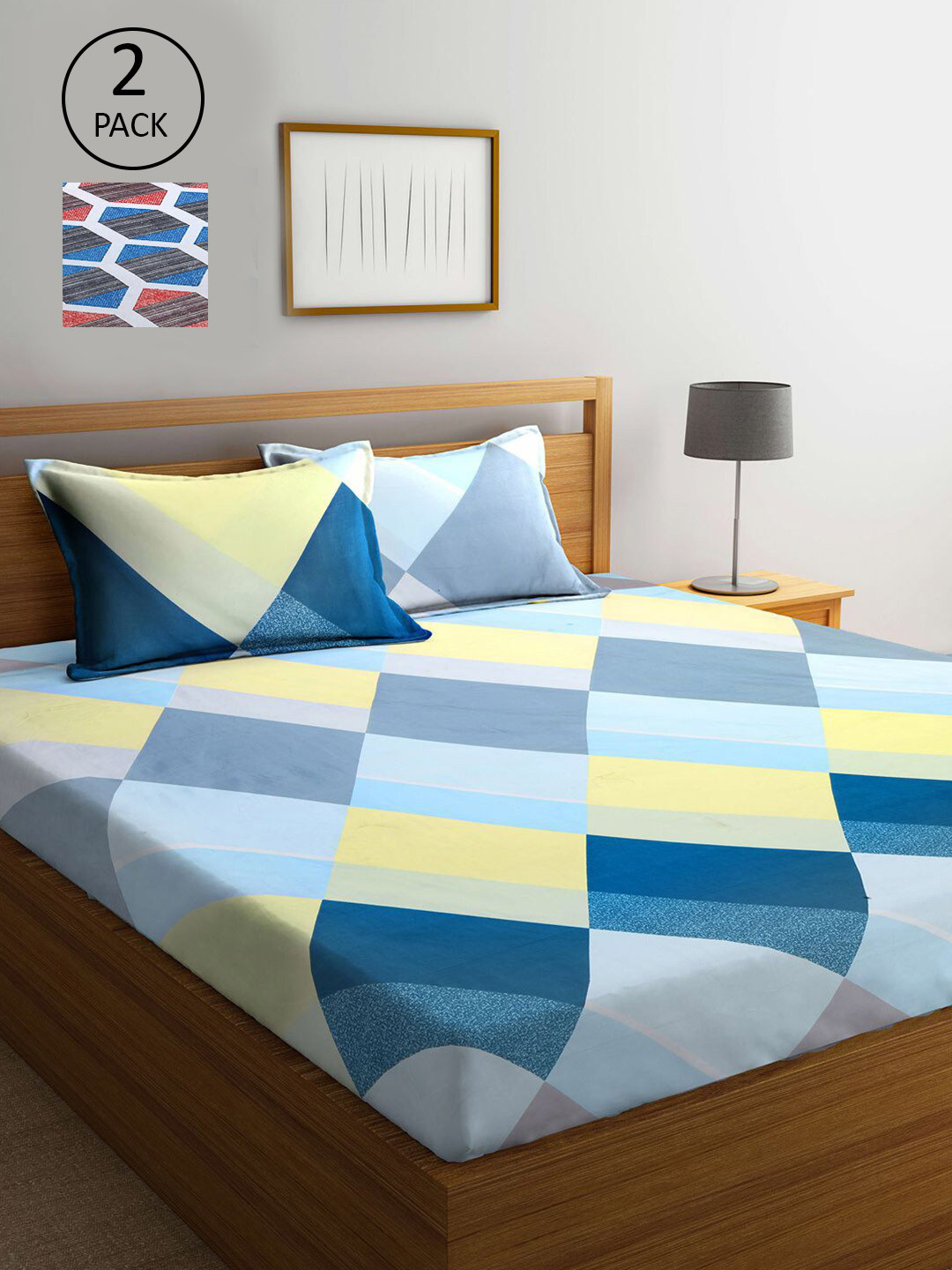 

KLOTTHE Blue & Yellow Geometric 210 TC 2 King Bedsheet with 4 Pillow Covers