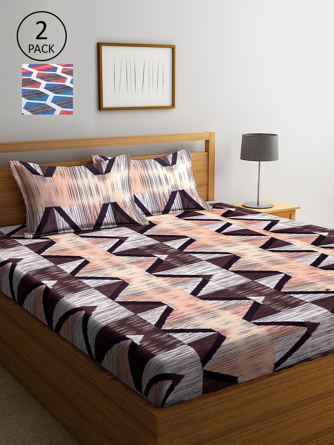 

KLOTTHE Brown & Blue Geometric 210 TC 2 King Bedsheet with 4 Pillow Covers