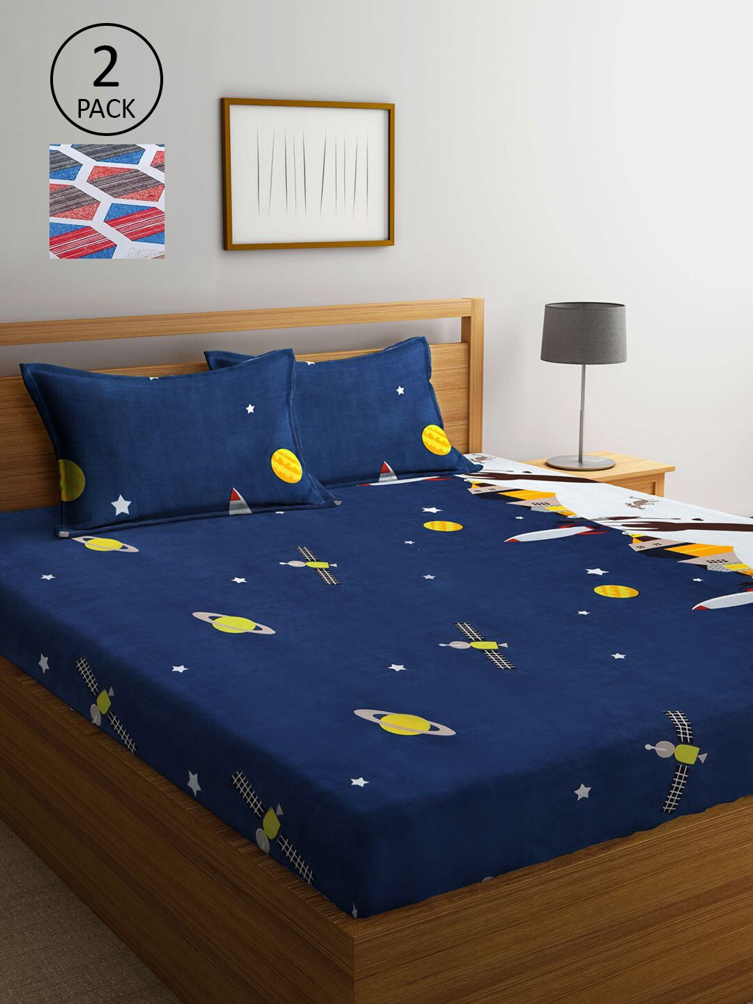 

KLOTTHE Navy Blue & Blue Geometric 210 TC 2 King Bedsheet with 4 Pillow Covers