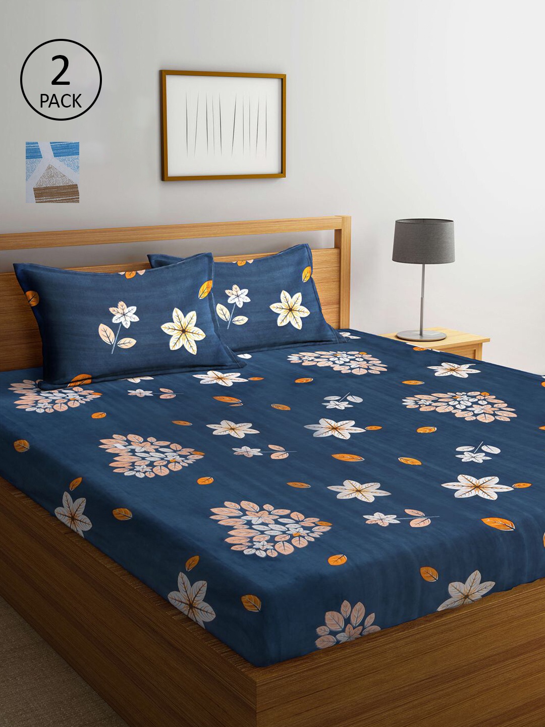 

KLOTTHE Pack Of 2 Printed 210 TC 2 King Bedsheets with 4 Pillow Covers, Blue