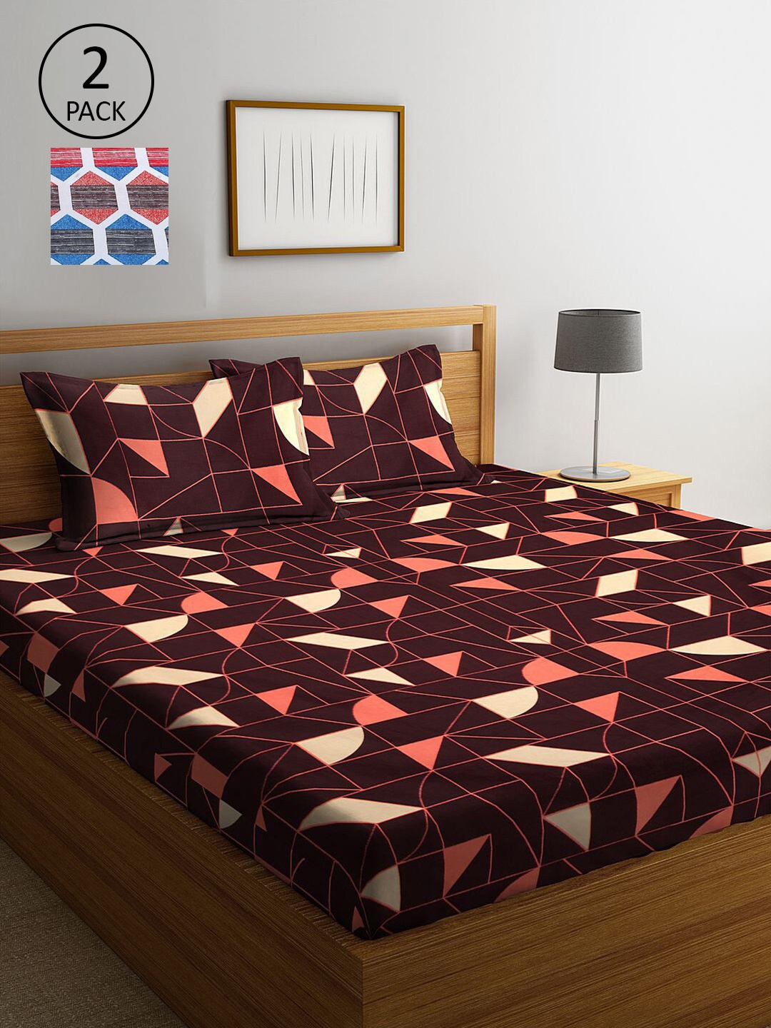 

KLOTTHE Brown & Blue Geometric 210 TC 2 King Bedsheet with 4 Pillow Covers