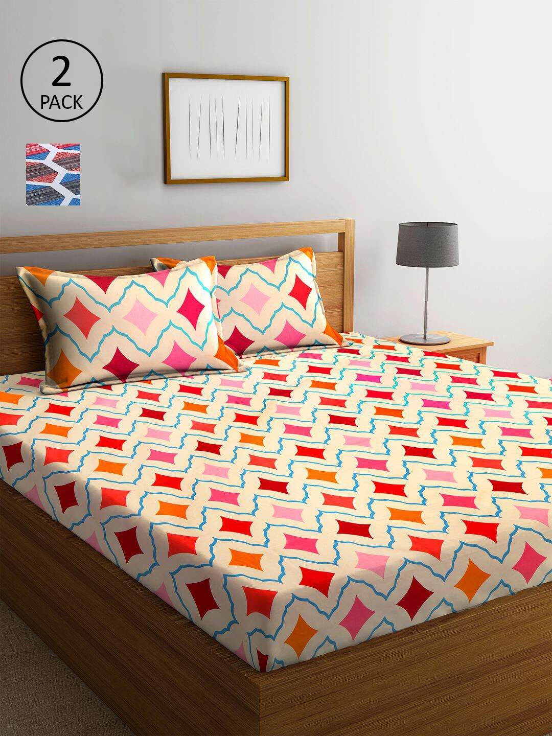 

KLOTTHE Cream-Coloured & Grey Printed 210 TC 2 King Bedsheets with 4 Pillow Covers