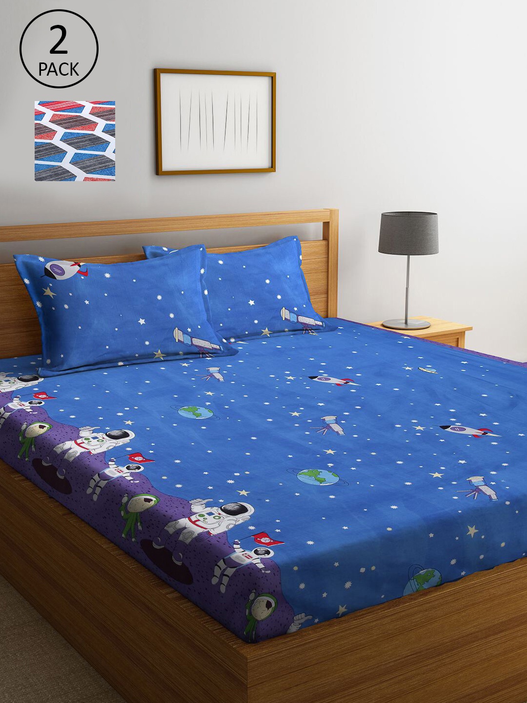 

KLOTTHE Blue & Multicoloured Cartoon Characters 210 TC 2 King Bedsheet with 4 Pillow Covers