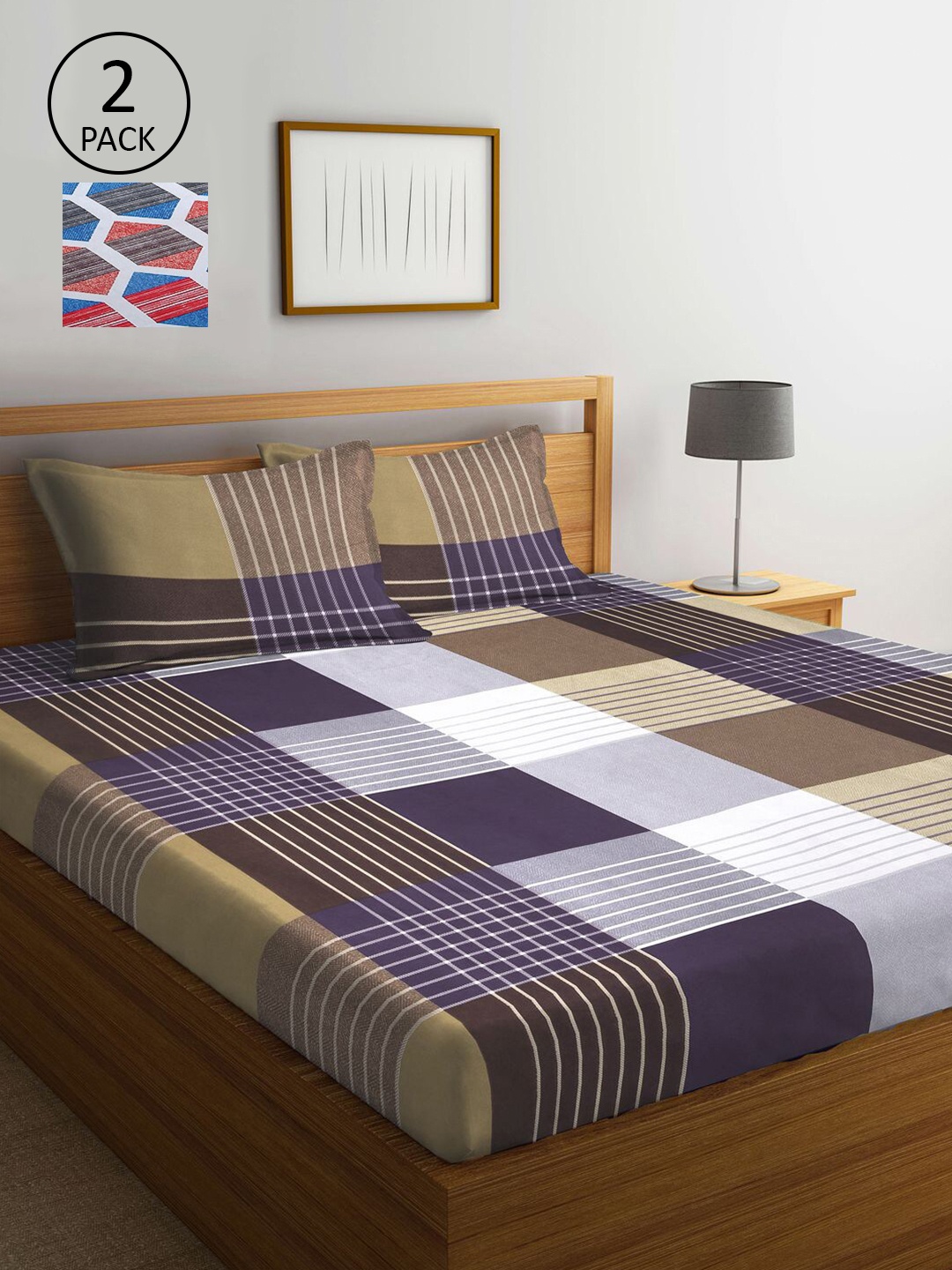 

KLOTTHE Blue & Brown Geometric 210 TC 2 King Bedsheet with 4 Pillow Covers