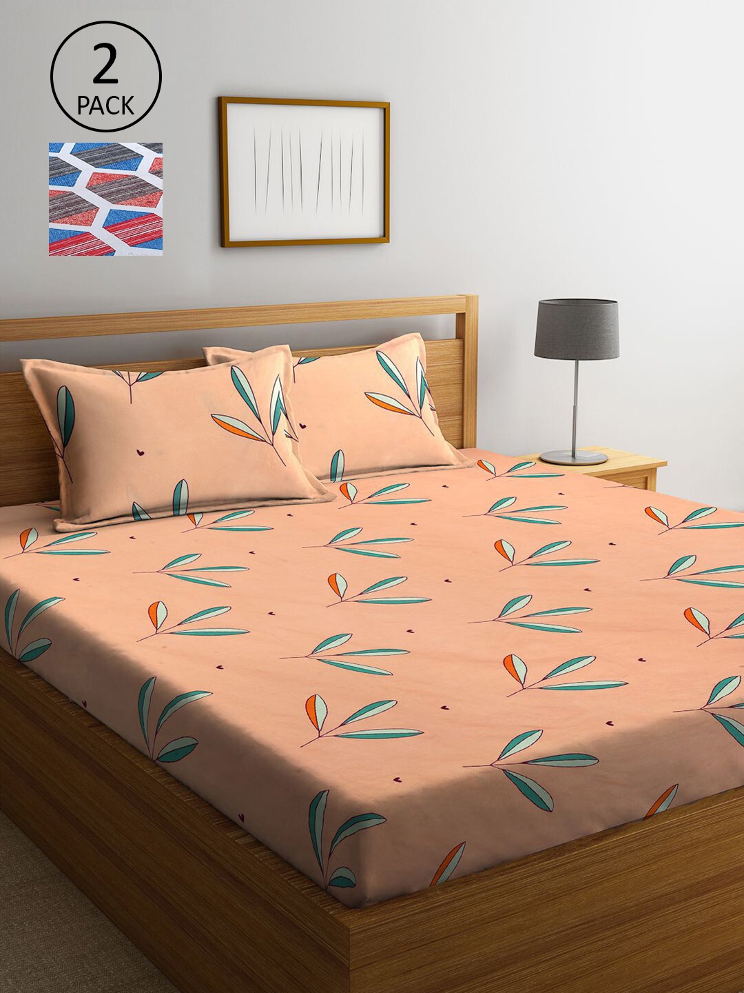 

KLOTTHE Peach-Coloured & Blue Printed 210 TC 2 King Bedsheets with 4 Pillow Covers