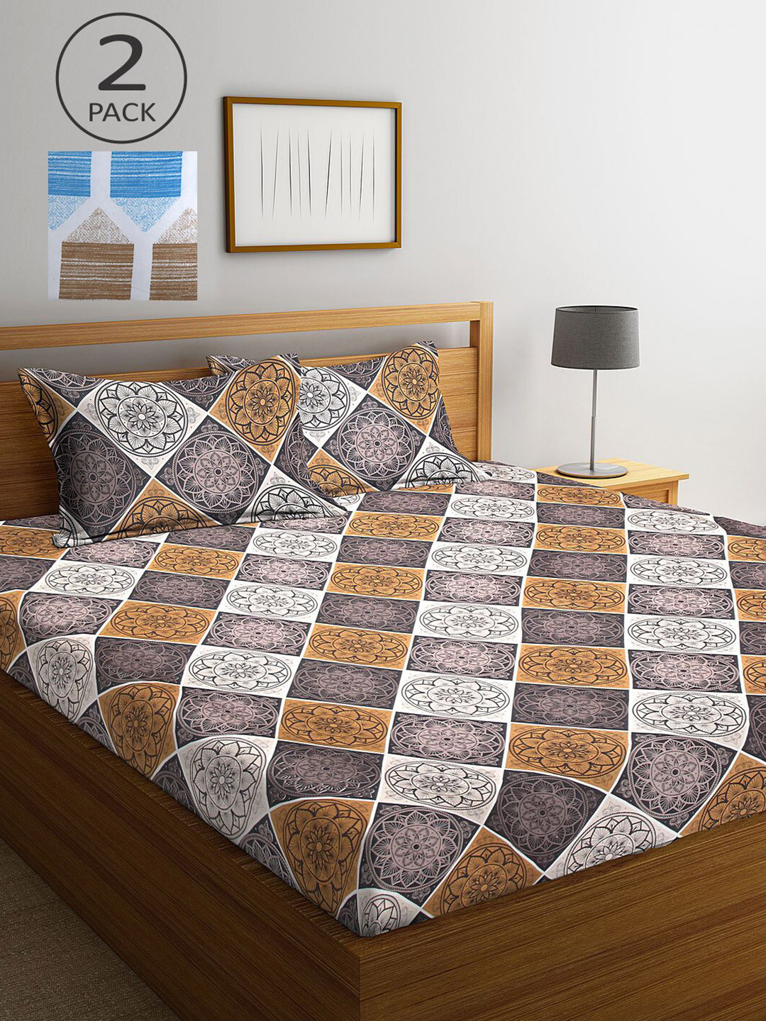 

KLOTTHE Blue and Camel Brown Geometric 210 TC 2 King Bedsheet with 4 Pillow Covers
