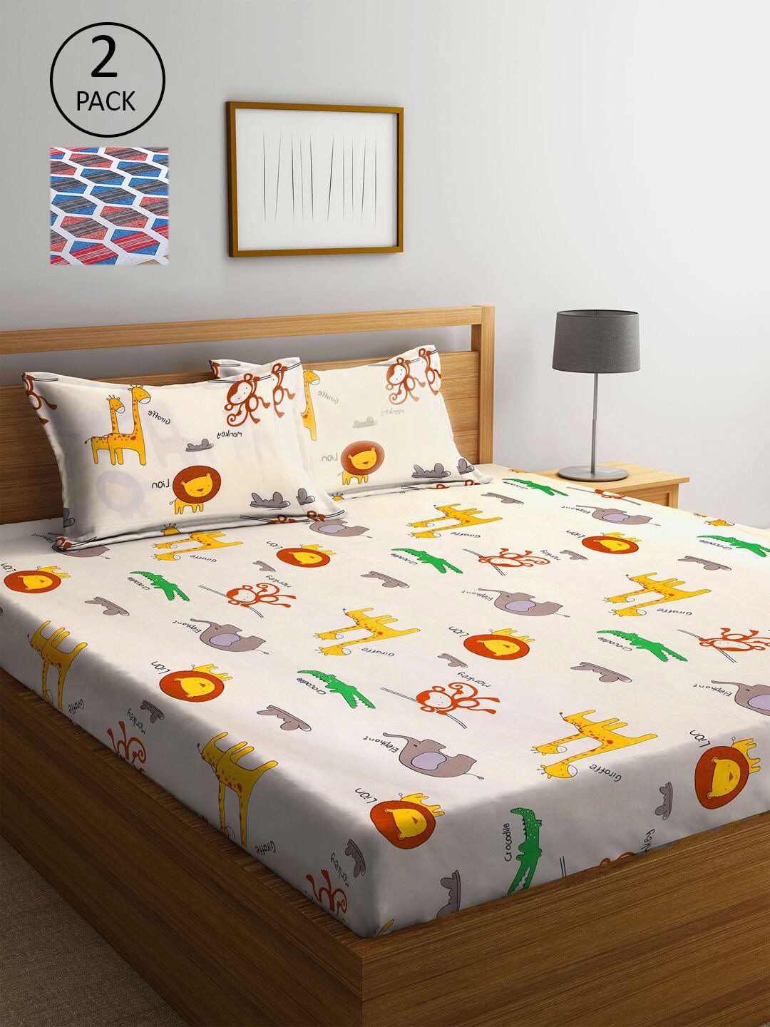 

KLOTTHE Cream-Coloured & Blue Cartoon Characters 300 TC 2 King Bedsheet & 4 Pillow Covers