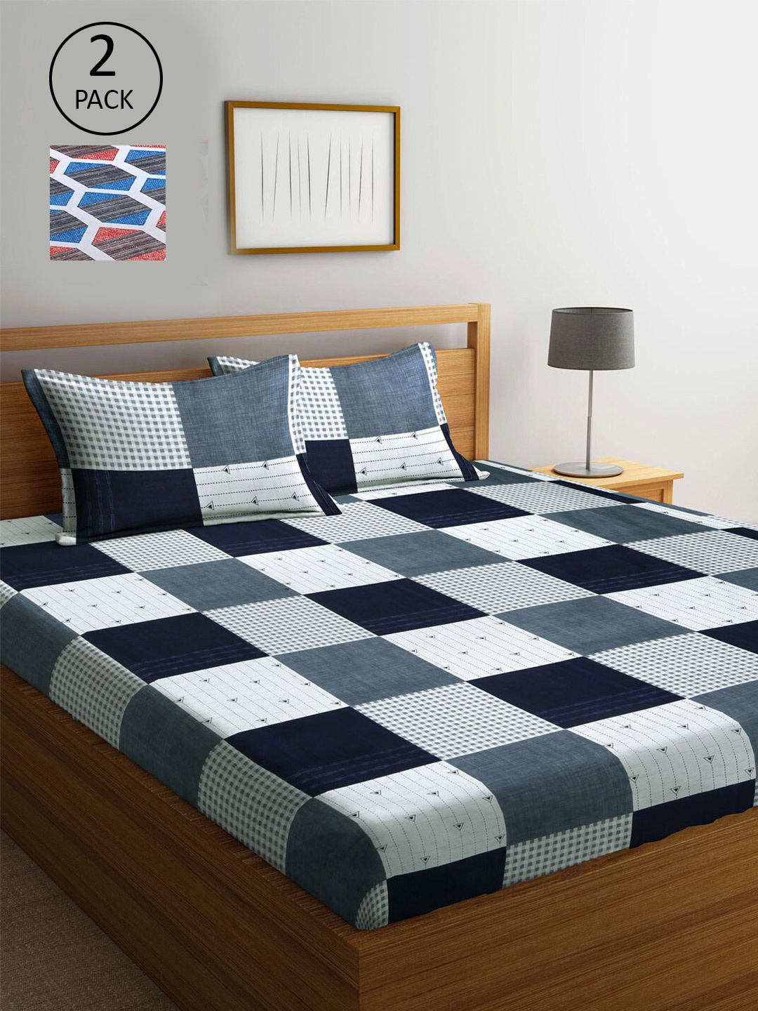 

KLOTTHE Grey & Blue Geometric 210 TC 2 King Bedsheet with 4 Pillow Covers