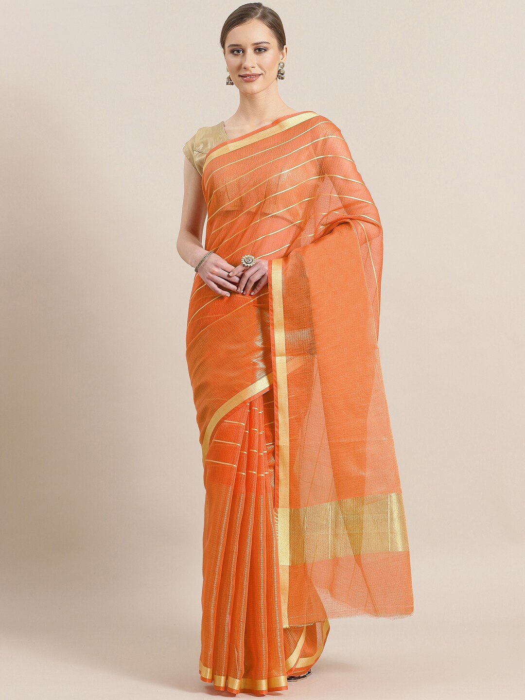 

Chhabra 555 Orange & Gold-Toned Striped Zari Art Silk Handloom Chanderi Saree