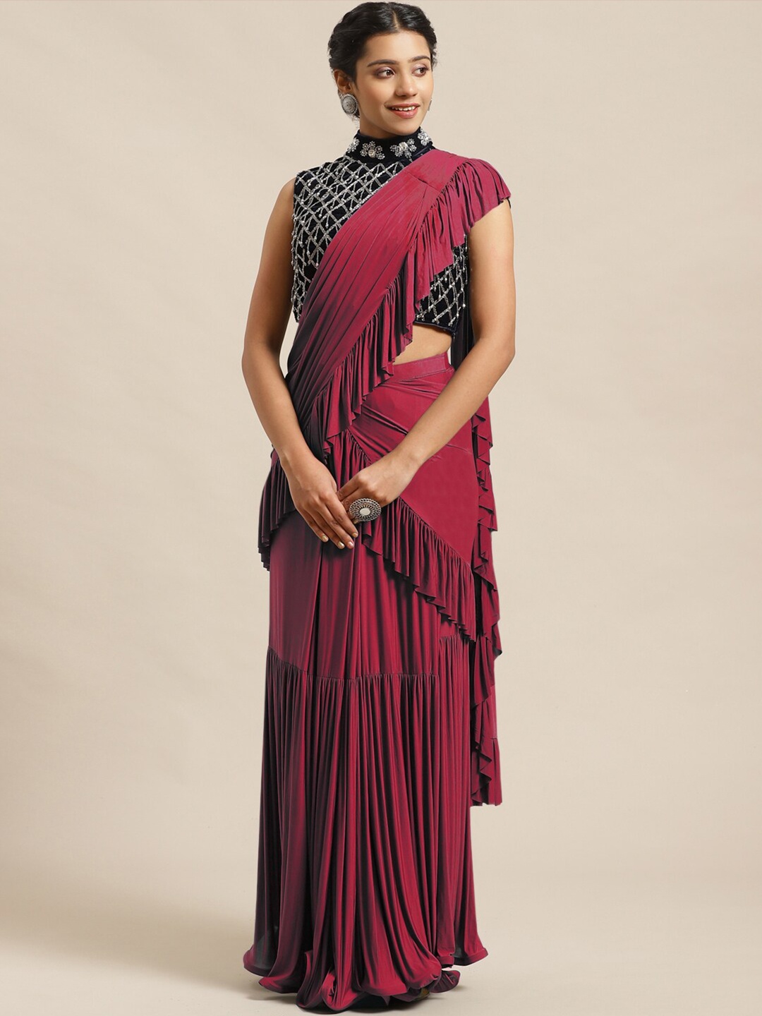 

Chhabra 555 Maroon Embellished Poly Georgette Ruffles Pre-Draped Saree