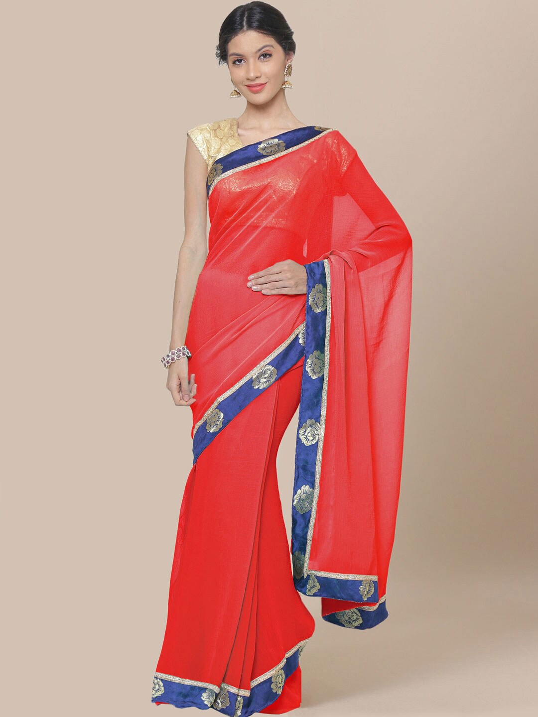 

Chhabra 555 Red & Blue Floral Georgette Saree