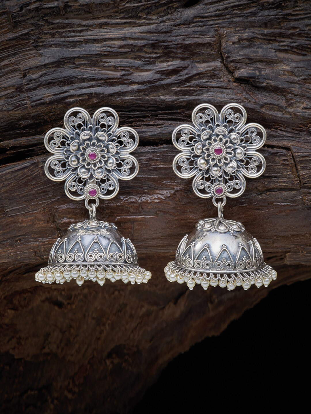

Kushal's Fashion Jewellery White 92.5 Pure Silver Contemporary Jhumkas Earrings