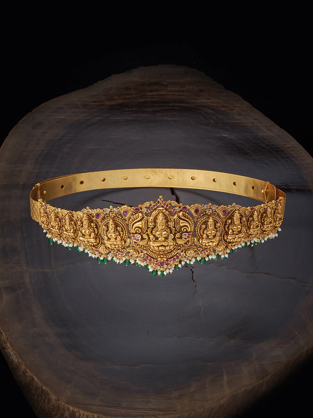 

Kushal's Fashion Jewellery Gold-Plated Red Ruby & Green Stone-Studded & Beaded Kamarbandh