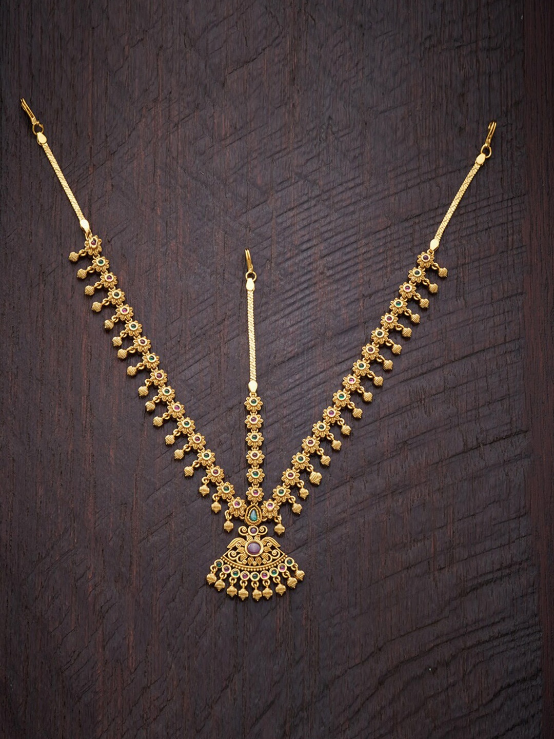 

Kushal's Fashion Jewellery Gold-Plated Red & Green Stone-Studded Matha Patti