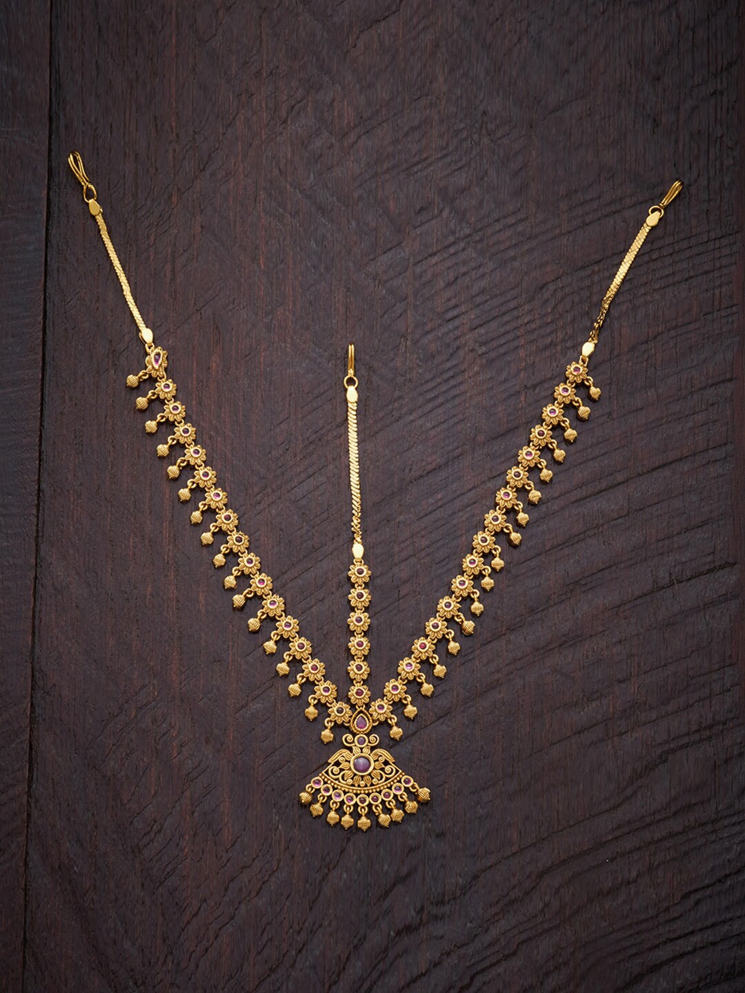 

Kushal's Fashion Jewellery Gold-Plated Red & Green Stone-Studded Matha Patti