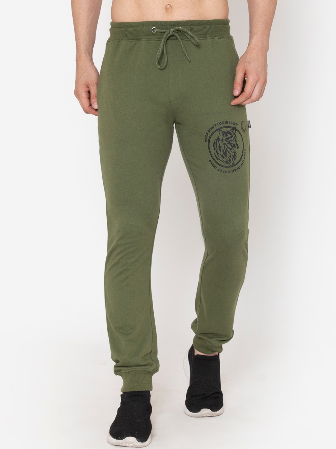 

FLAWLESS Men Olive-Green & Black Printed Cotton Joggers
