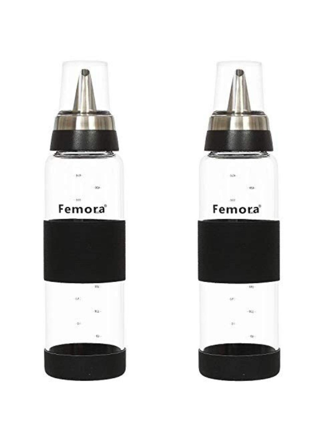 Femora Transparent & Black Set of 2 Borosilicate Glass SS Metallic Lid Oil Bottle Jar Dispenser