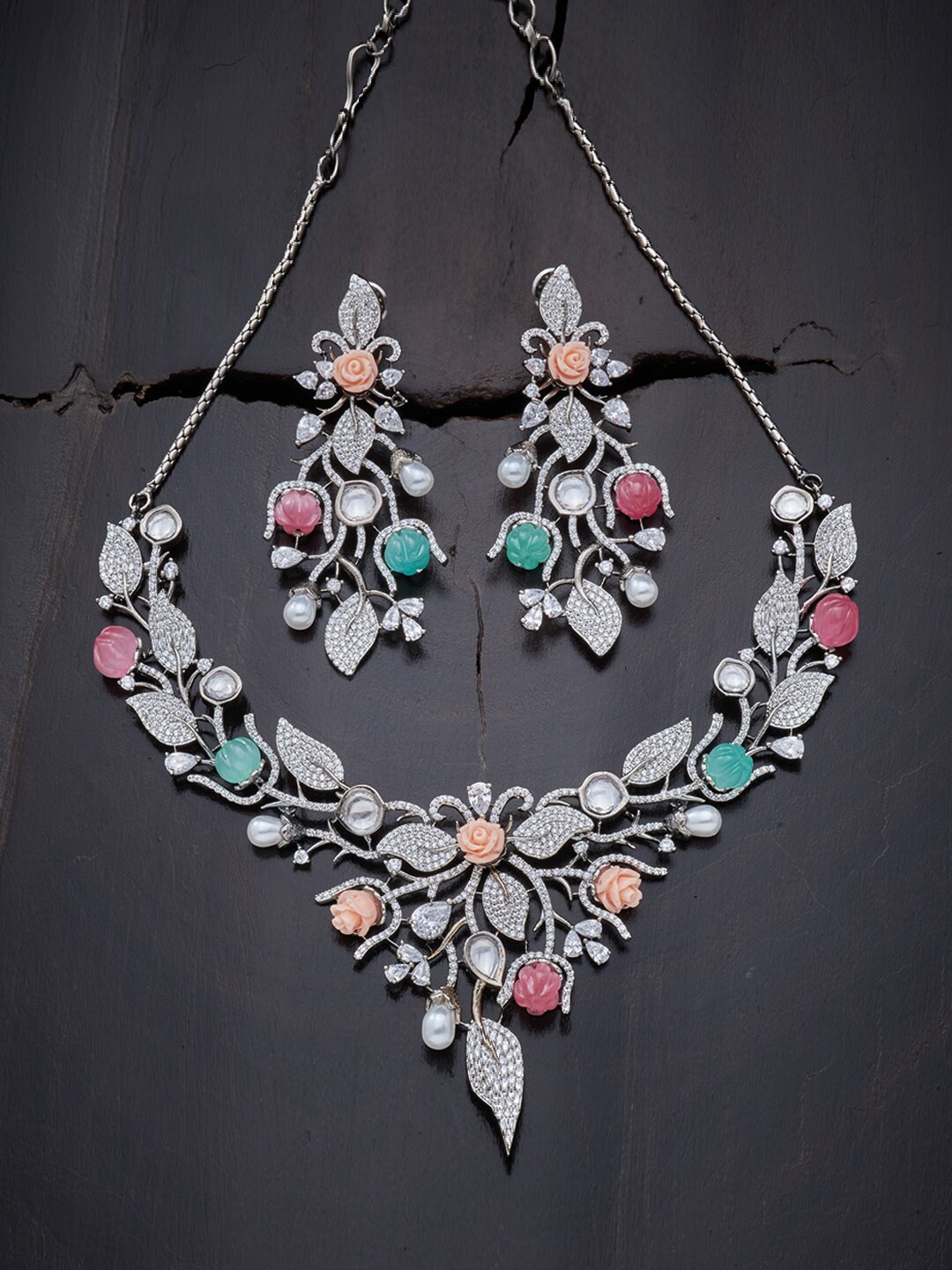 

Kushal's Fashion Jewellery Woman Silver & Sea Green Rhodium-Plated Jewellery Set