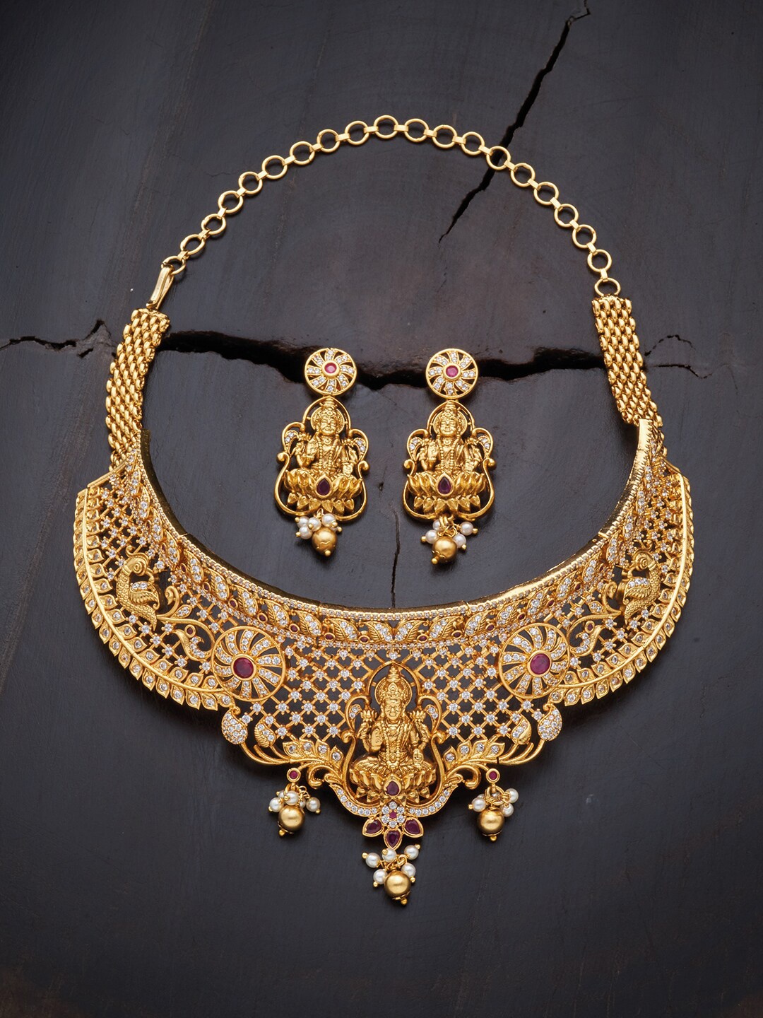 

Kushal's Fashion Jewellery Gold-Toned & Red Rose Gold-Plated Temple Jewellery Set