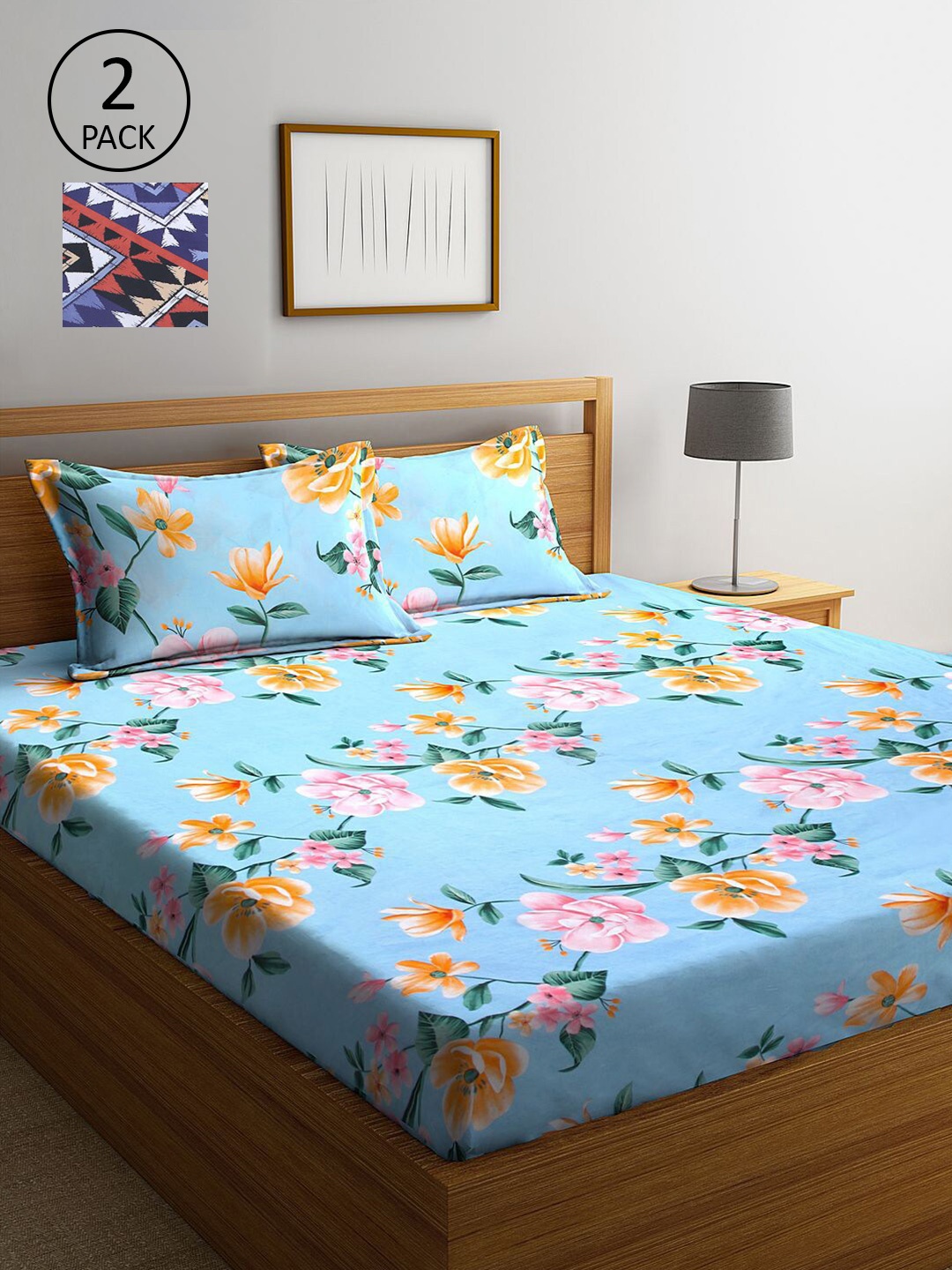 

KLOTTHE Blue & Multicolored Floral 210 TC 2 King Bedsheet with 4 Pillow Covers