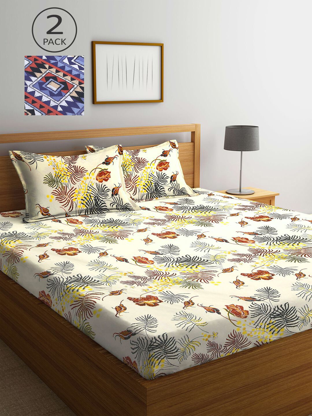 

KLOTTHE Cream-Coloured & Blue Floral 210 TC 2 King Bedsheet with 4 Pillow Covers