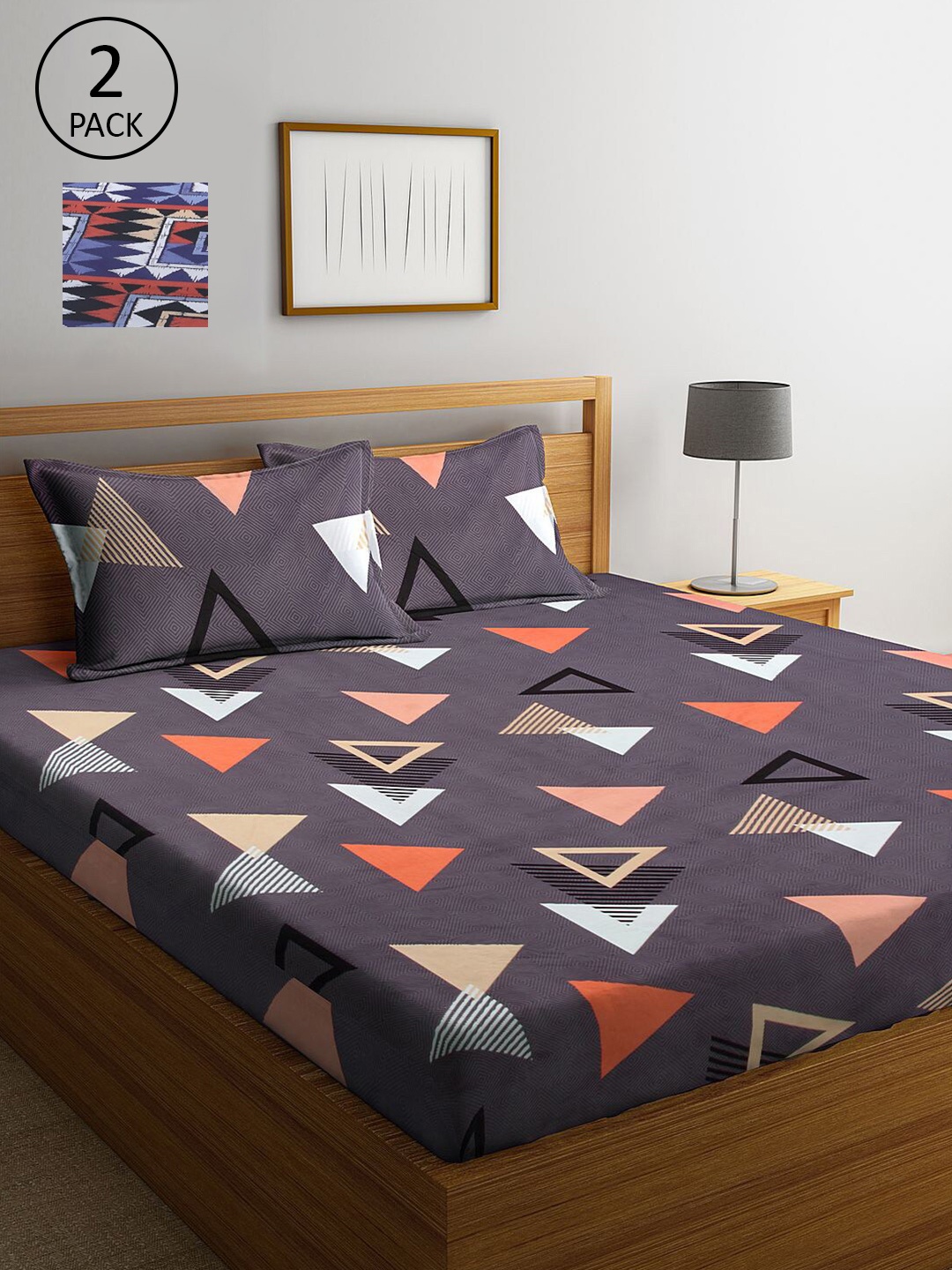 

KLOTTHE Grey & Blue Geometric 210 TC 2 King Bedsheet with 4 Pillow Covers