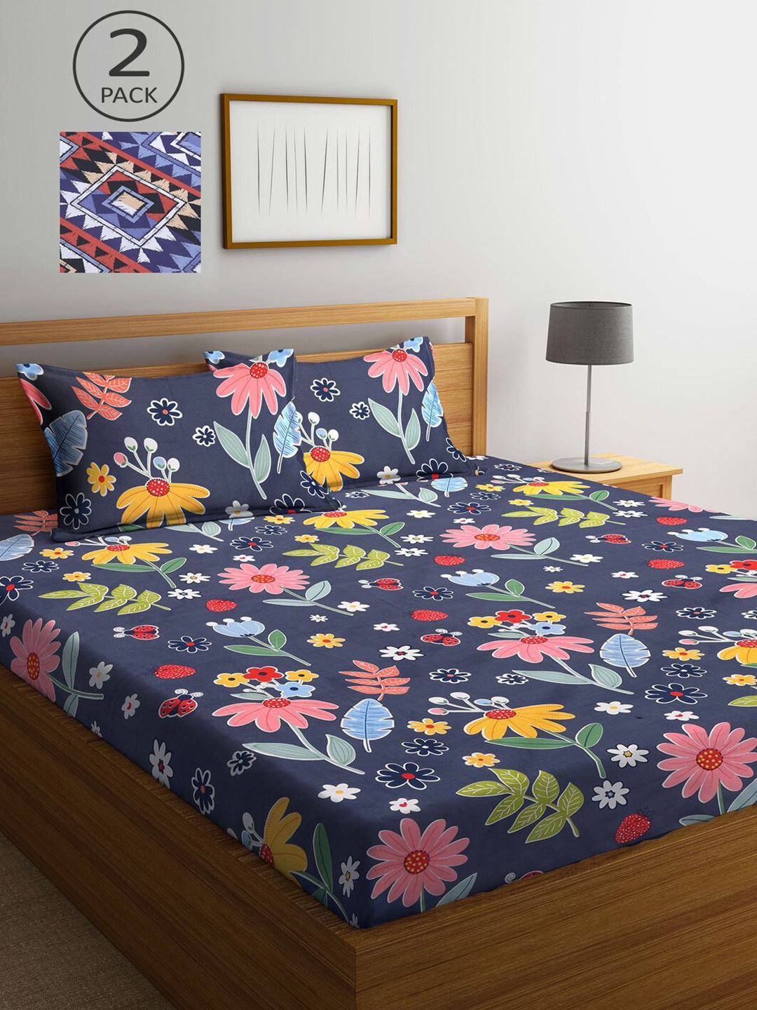 

KLOTTHE Navy Blue & Pink Printed 210 TC 2 King Bedsheets with 4 Pillow Covers