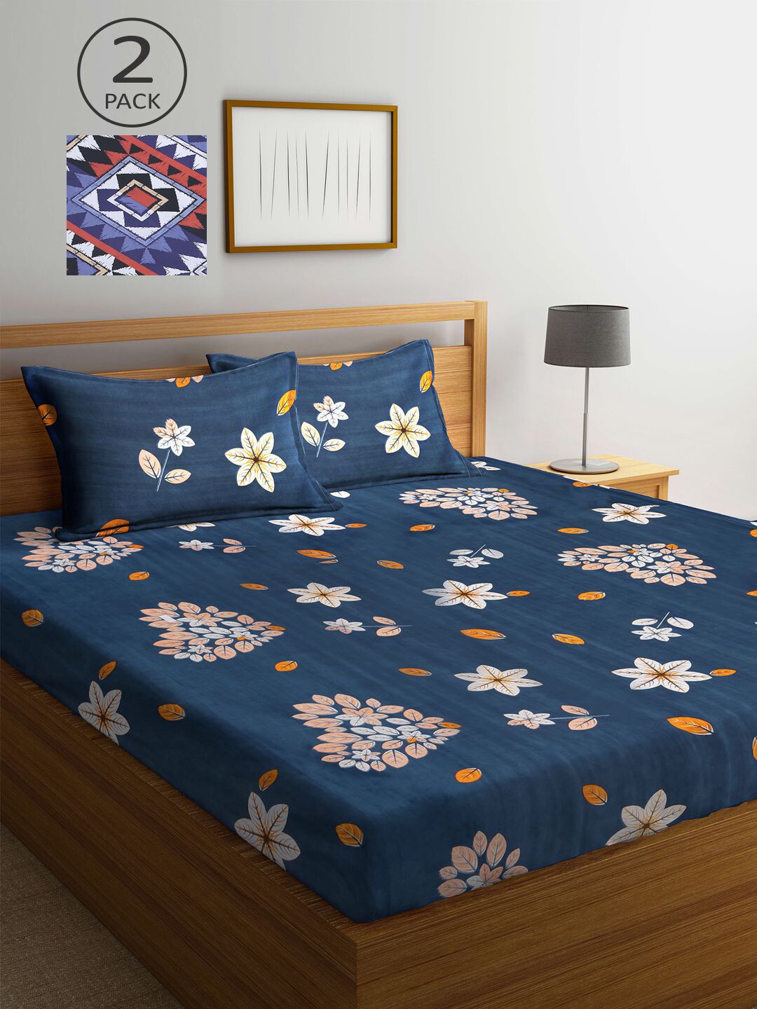 

KLOTTHE Blue & Multicolored Floral 210 TC 2 King Bedsheet with 4 Pillow Covers