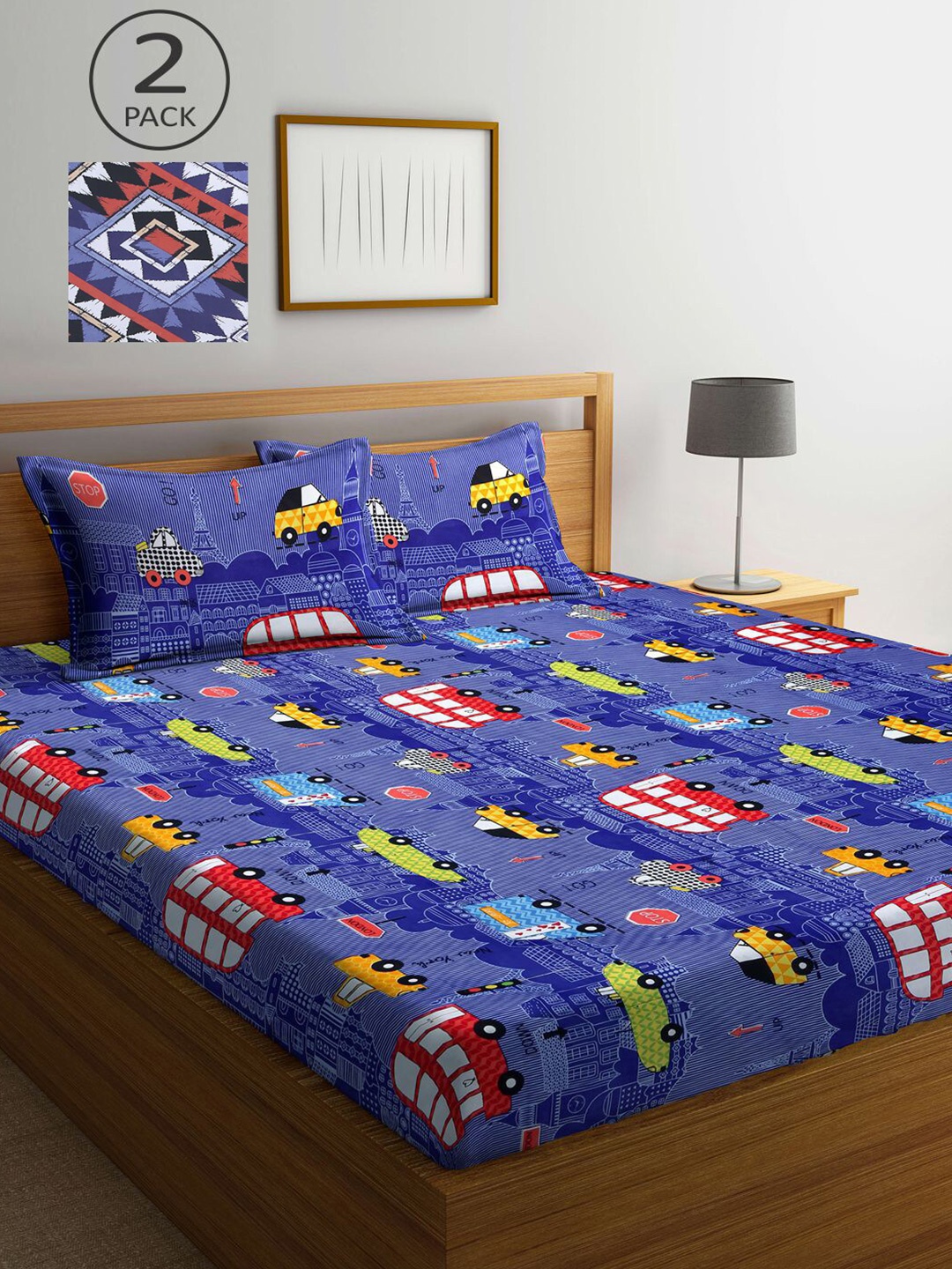 

KLOTTHE Pack Of 2 Printed 210 TC 2 King Bedsheest with 4 Pillow Covers, Blue