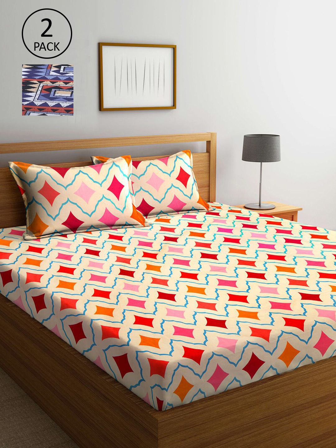 

KLOTTHE Multicoloured Geometric 300 TC 2 King Bedsheet with 4 Pillow Covers, Multi