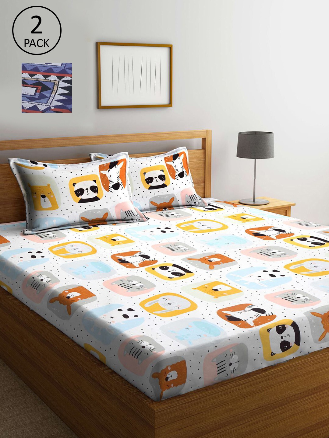 

KLOTTHE Blue & White Cartoon Characters 210 TC 2 King Bedsheet with 4 Pillow Covers