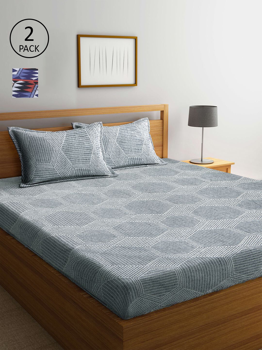 

KLOTTHE Blue & Grey Geometric 210 TC 2 King Bedsheets with 4 Pillow Covers