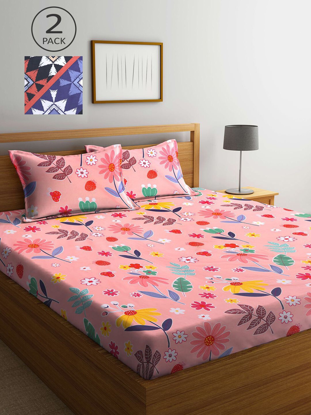 

KLOTTHE Red & Blue Floral 210 TC 2 King Bedsheet with 4 Pillow Covers