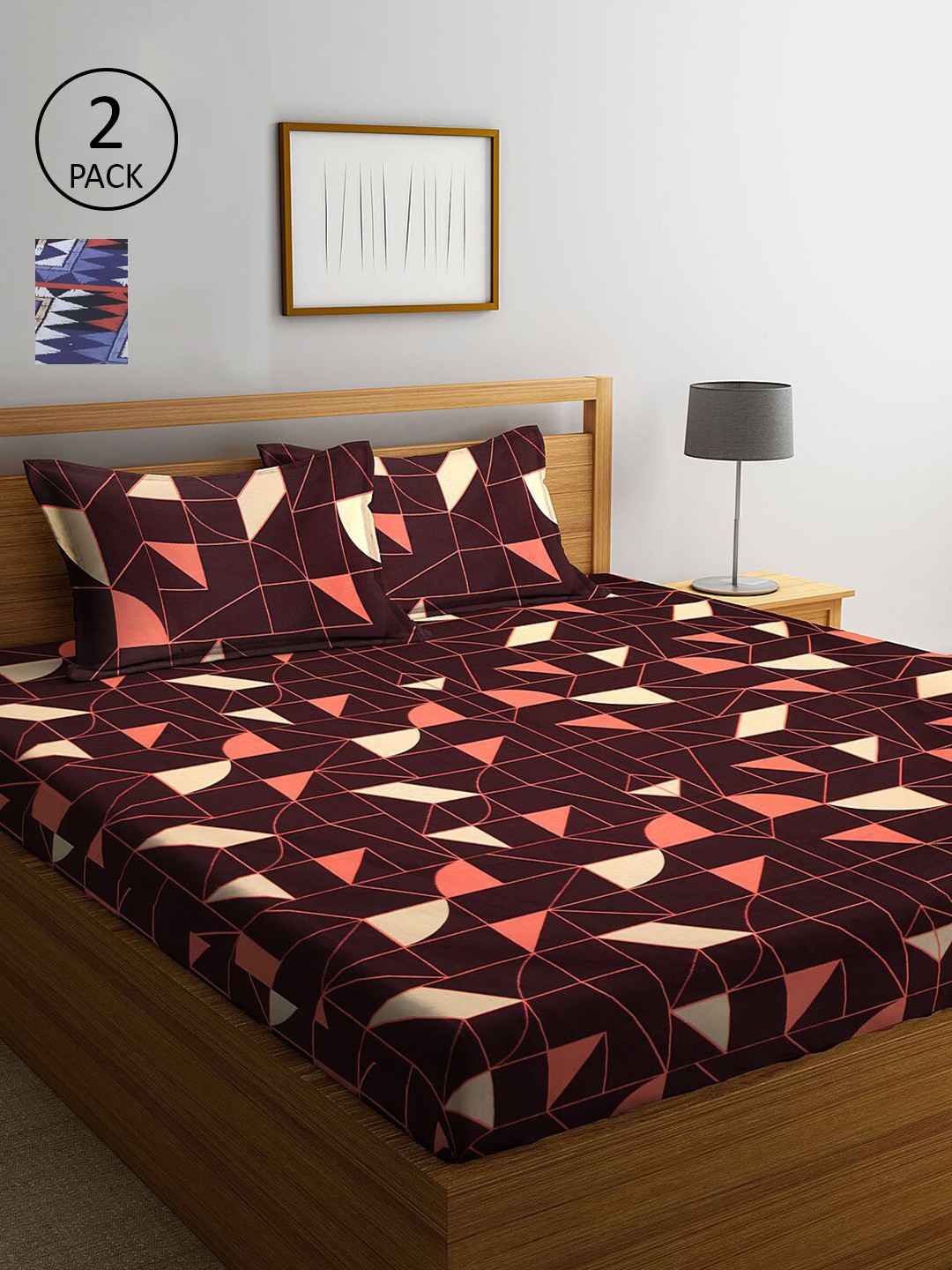 

KLOTTHE Maroon & Blue Geometric 300 TC 2 King Bedsheet with 4 Pillow Covers