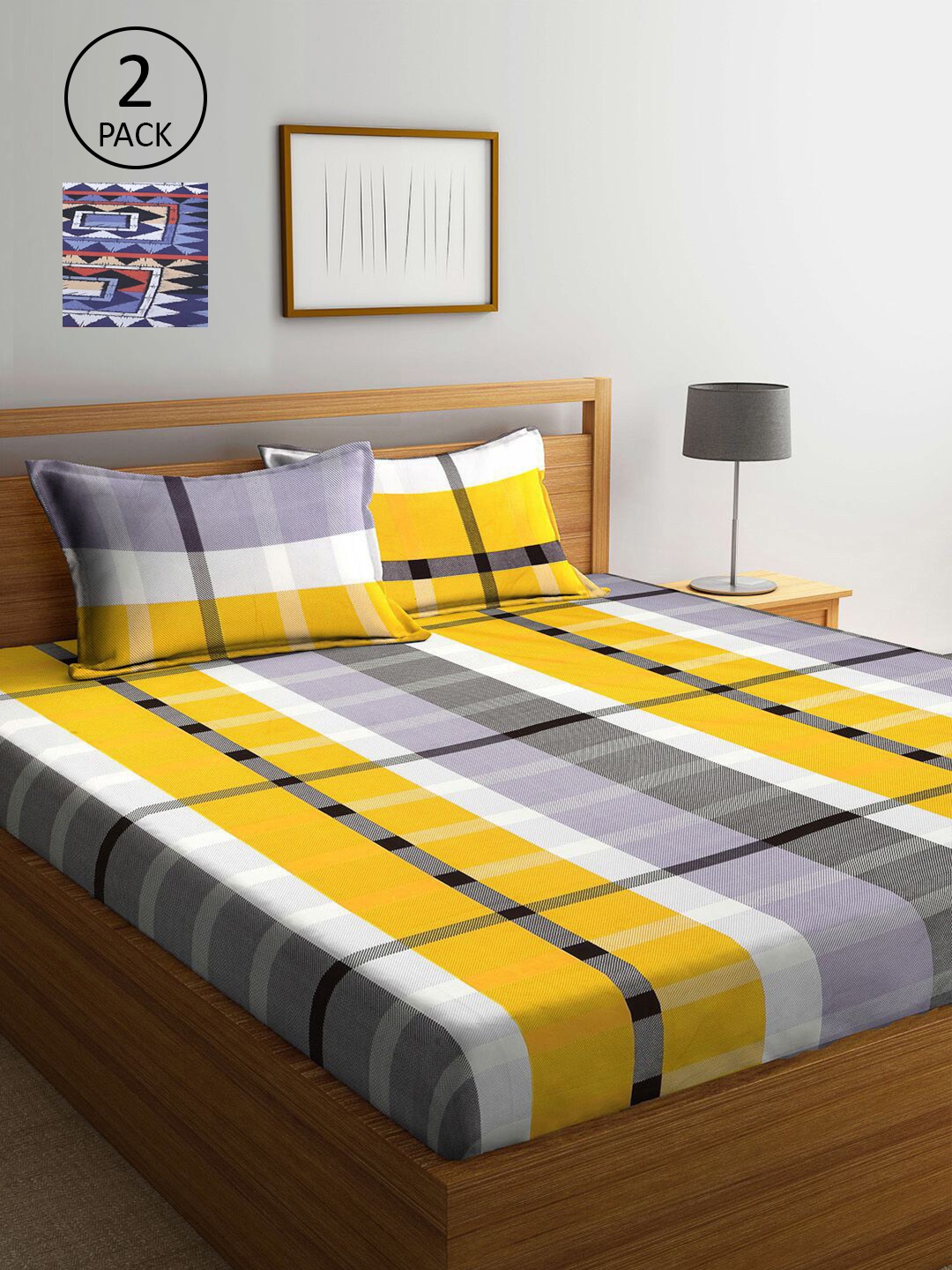 

KLOTTHE Yellow & Blue Geometric 300 TC 2 King Bedsheet with 4 Pillow Covers