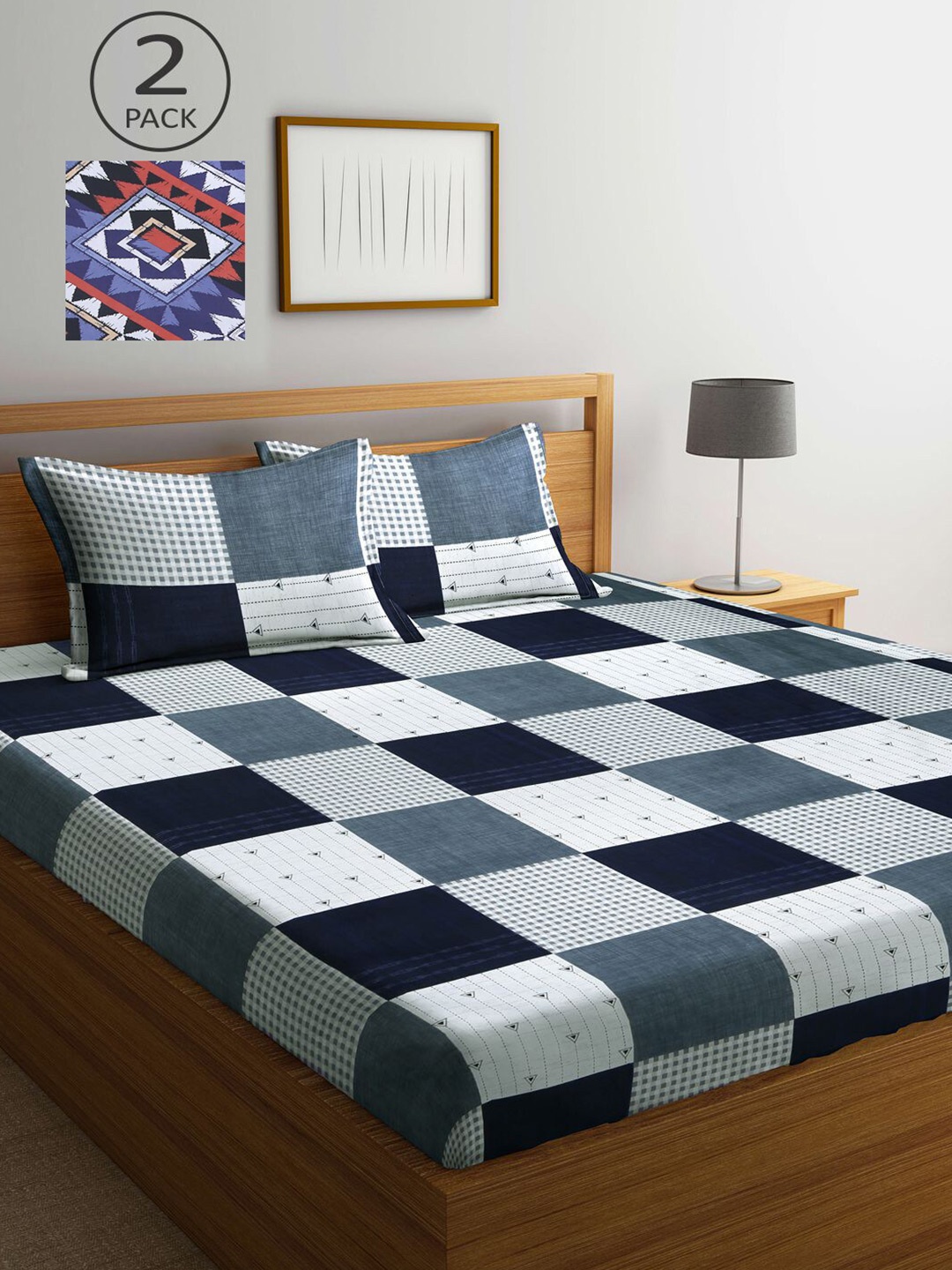 

KLOTTHE Blue & White Geometric 210 TC Set Of 2 King Bedsheet with 4 Pillow Covers