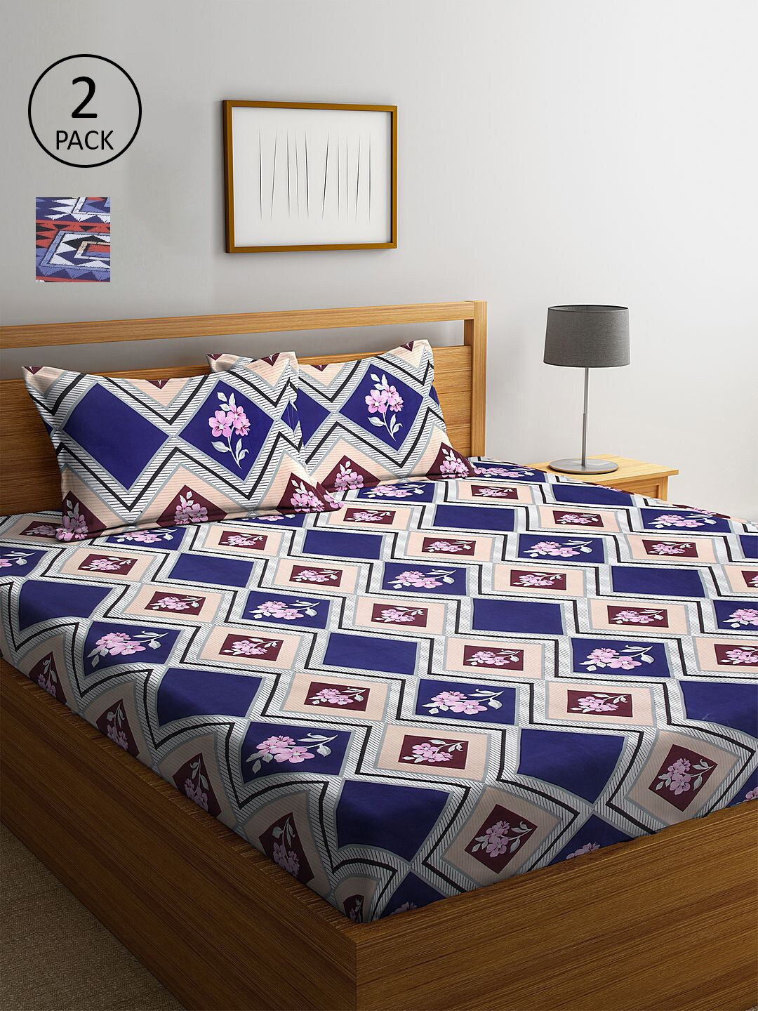 

KLOTTHE Brown & Blue Geometric 210 TC 2 King Bedsheet with 4 Pillow Covers
