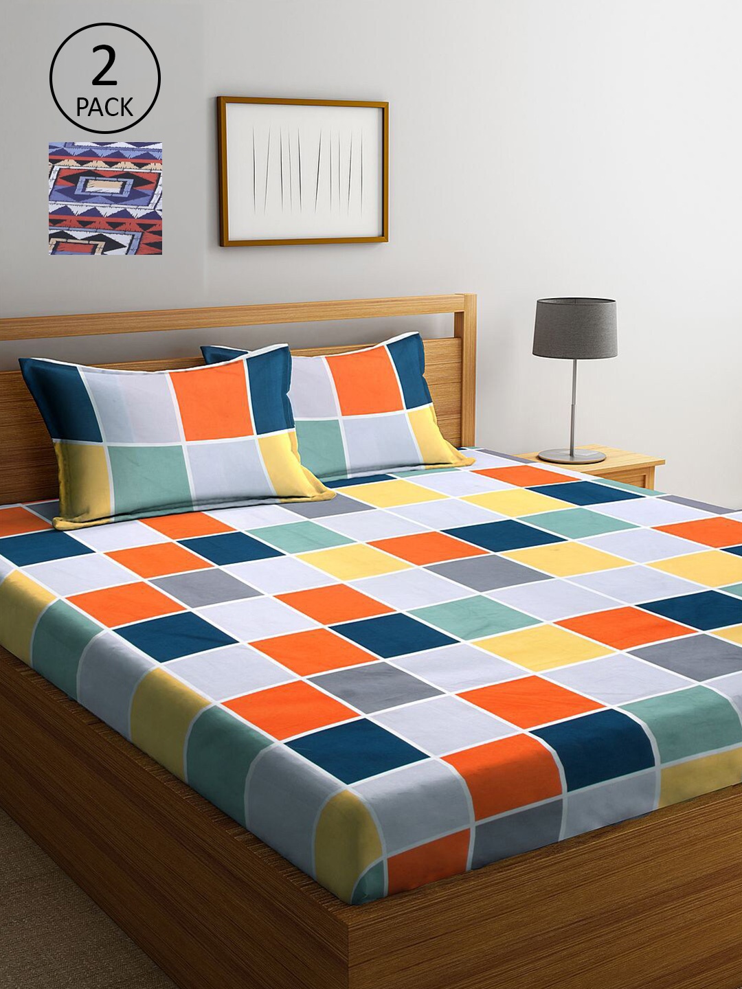 

KLOTTHE Blue & Orange Geometric 300 TC 2 King Bedsheet With 4 Pillow Covers