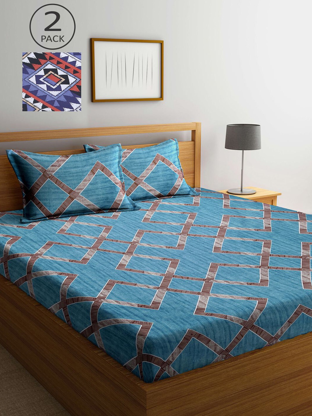 

KLOTTHE Blue & Brown Geometric 210 TC Set Of 2 King Bedsheet with 4 Pillow Covers