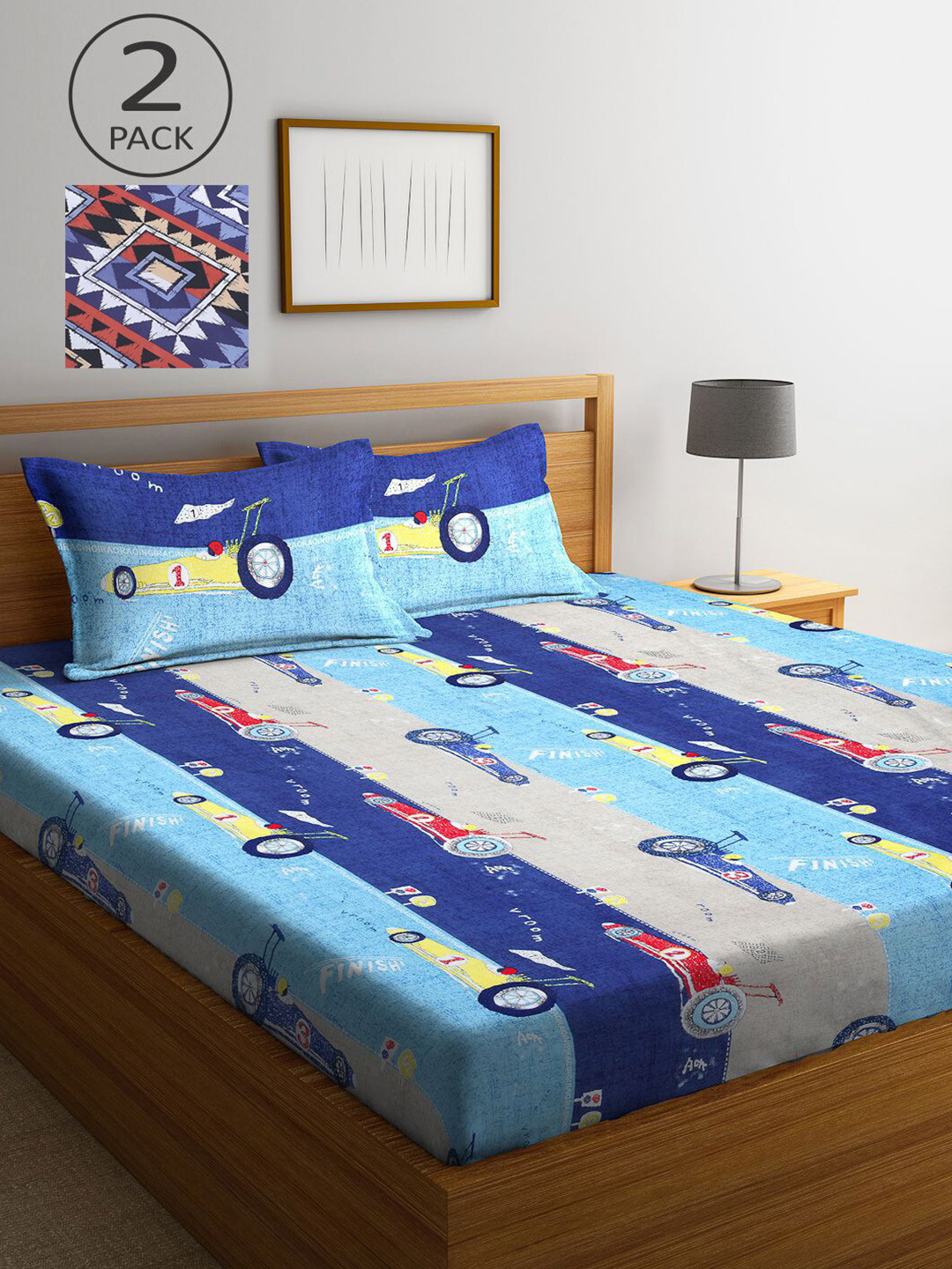

KLOTTHE Blue & Grey Cartoon Characters 210 TC Set Of 2 King Bedsheet with 4 Pillow Covers