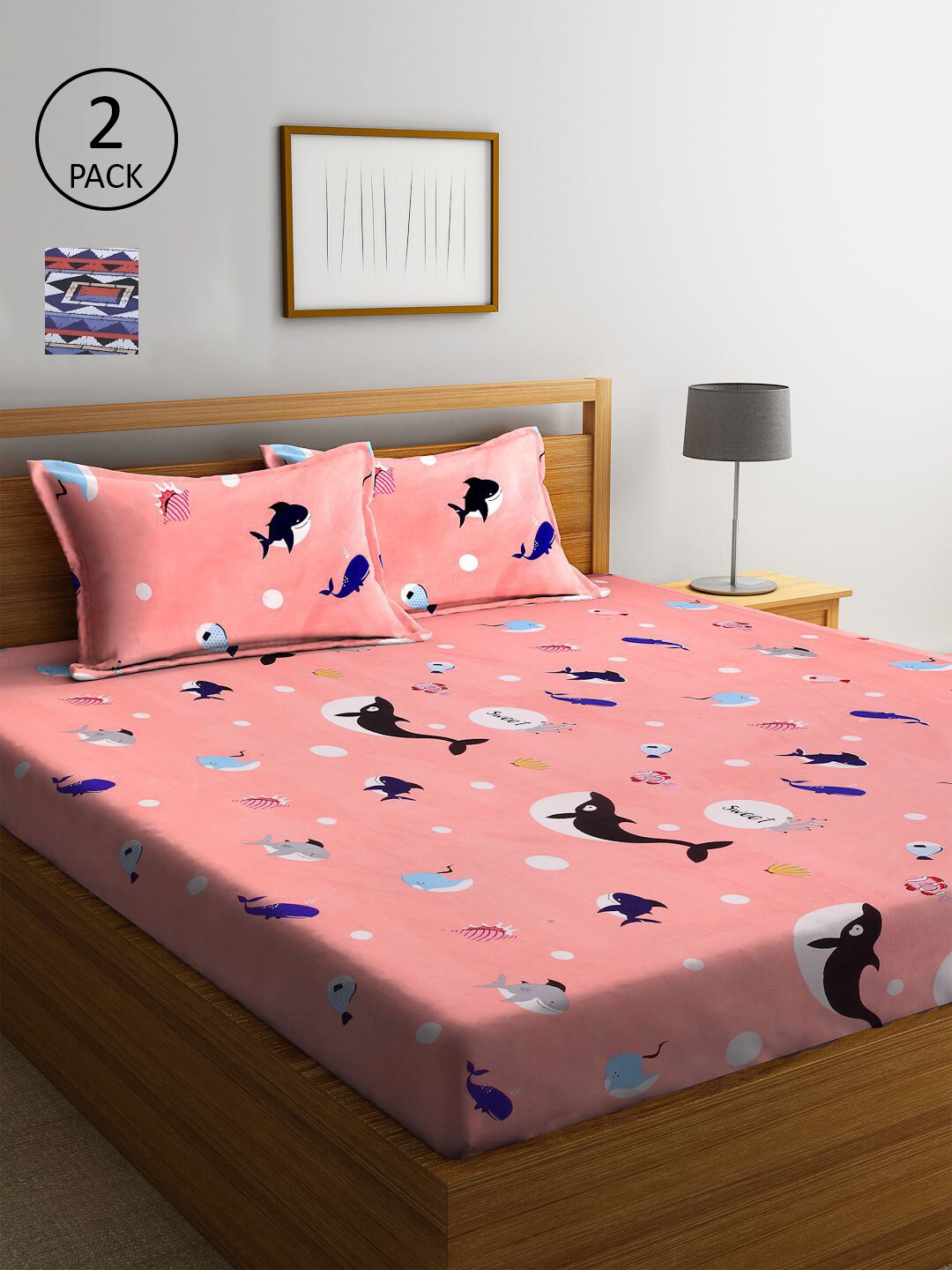 

KLOTTHE Pink & Blue Cartoon Characters 210 TC Set Of 2 King Bedsheet with 4 Pillow Covers