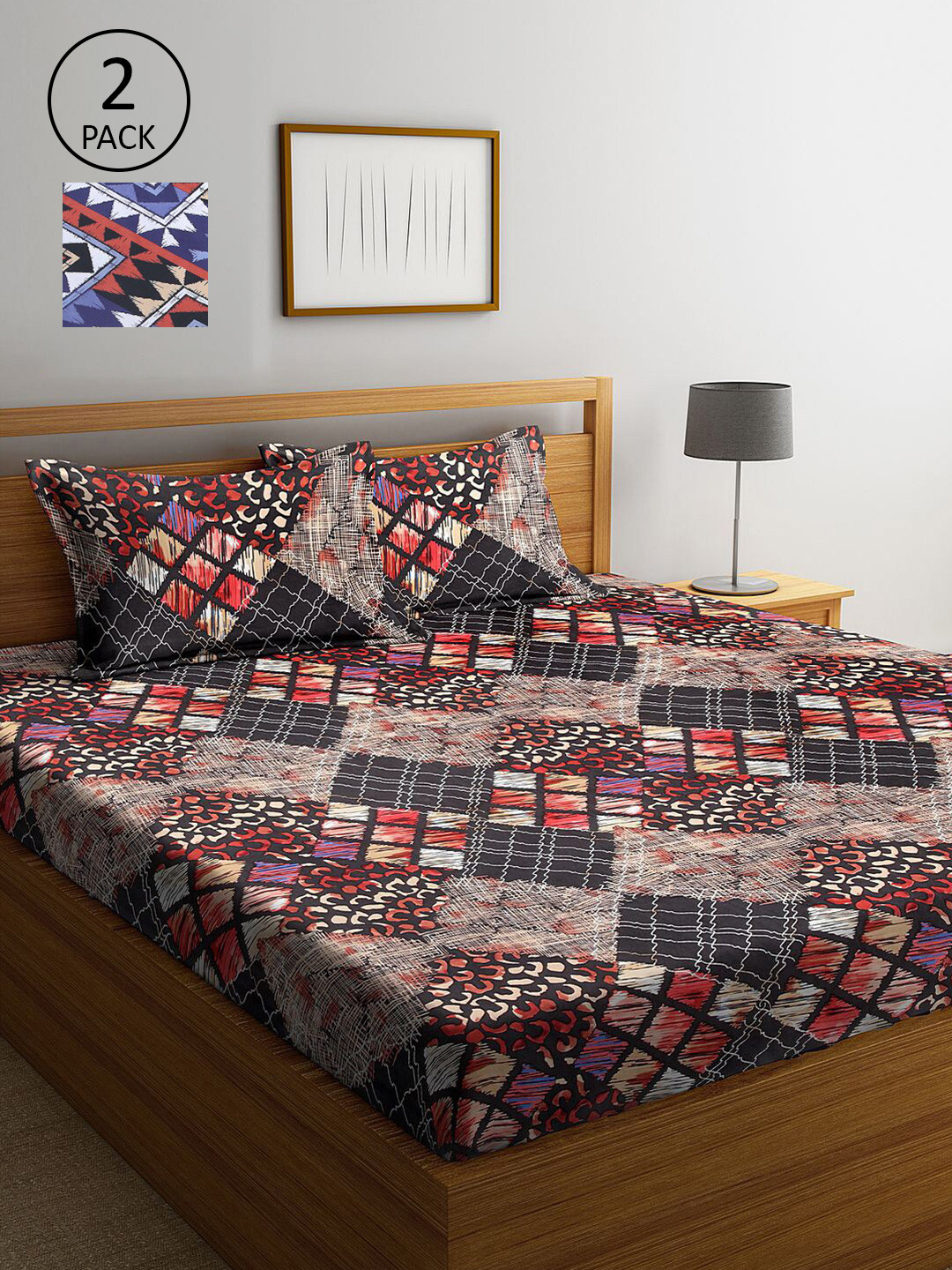 

KLOTTHE Brown & Blue Geometric 300 TC 2 King Bedsheet with 4 Pillow Covers