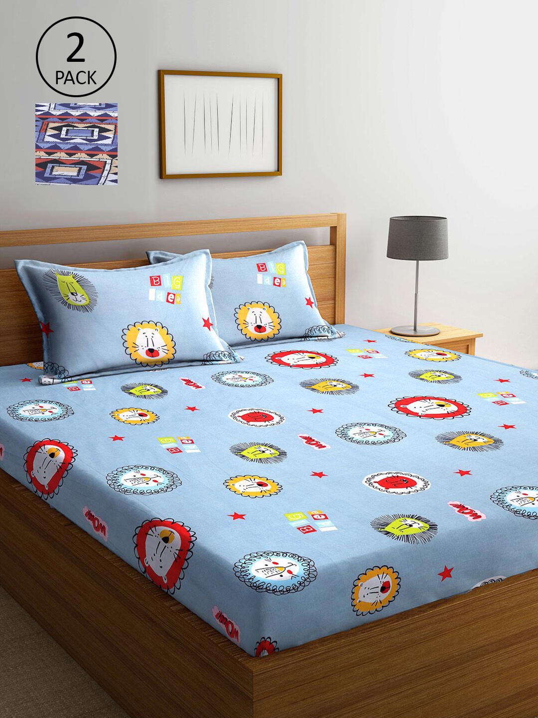 

KLOTTHE Blue & Red Cartoon Printed 210 TC 2 King Bedsheets with 4 Pillow Covers