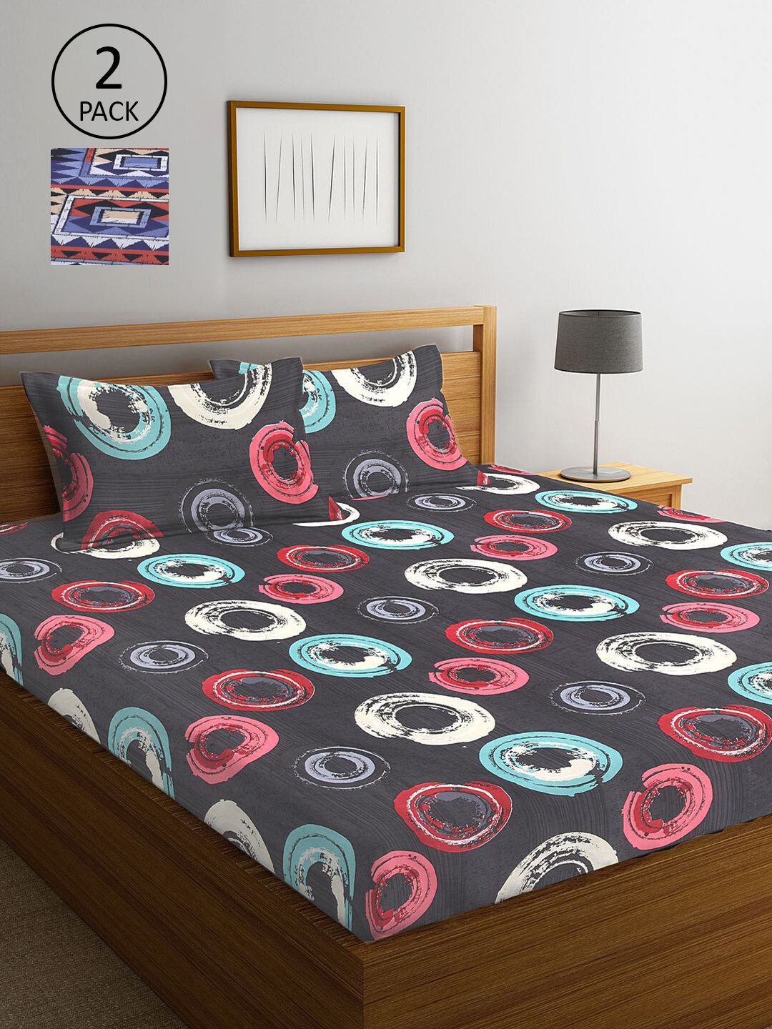 

KLOTTHE Grey Melange & Blue Geometric 210 TC Set Of 2 King Bedsheet with 4 Pillow Covers