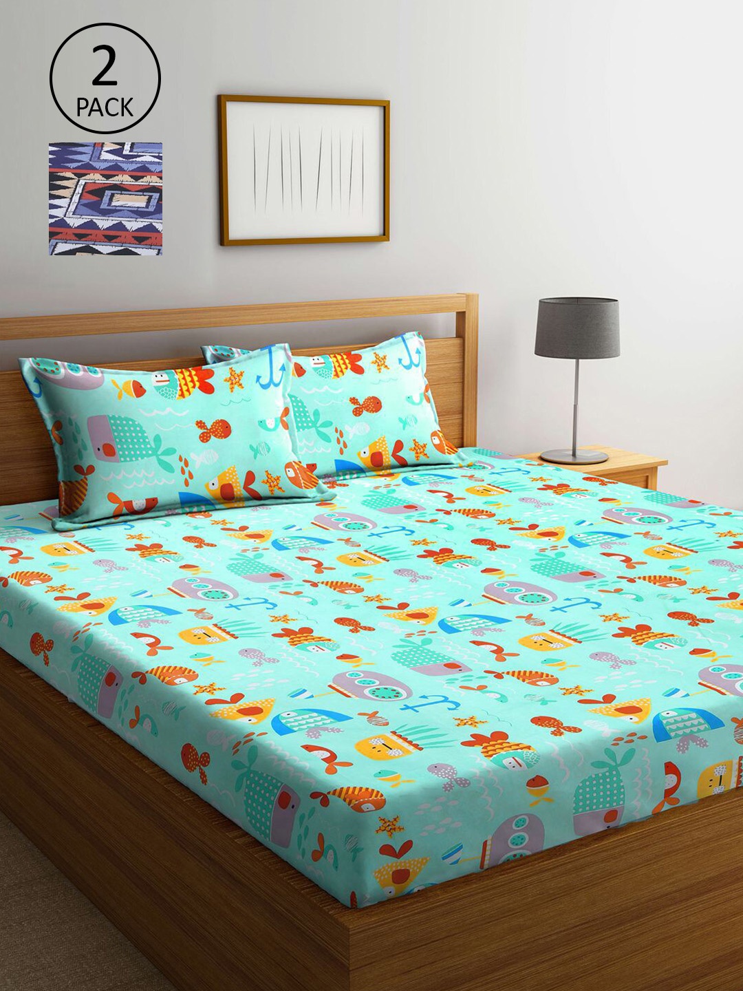 

KLOTTHE Pack of 2 Blue & Sea Green Printed 210 TC King Bedsheet with 4 Pillow Covers
