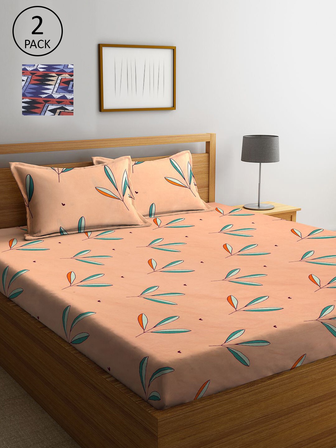 

KLOTTHE Coral & Blue Floral 300 TC 2 King Bedsheet with 4 Pillow Covers